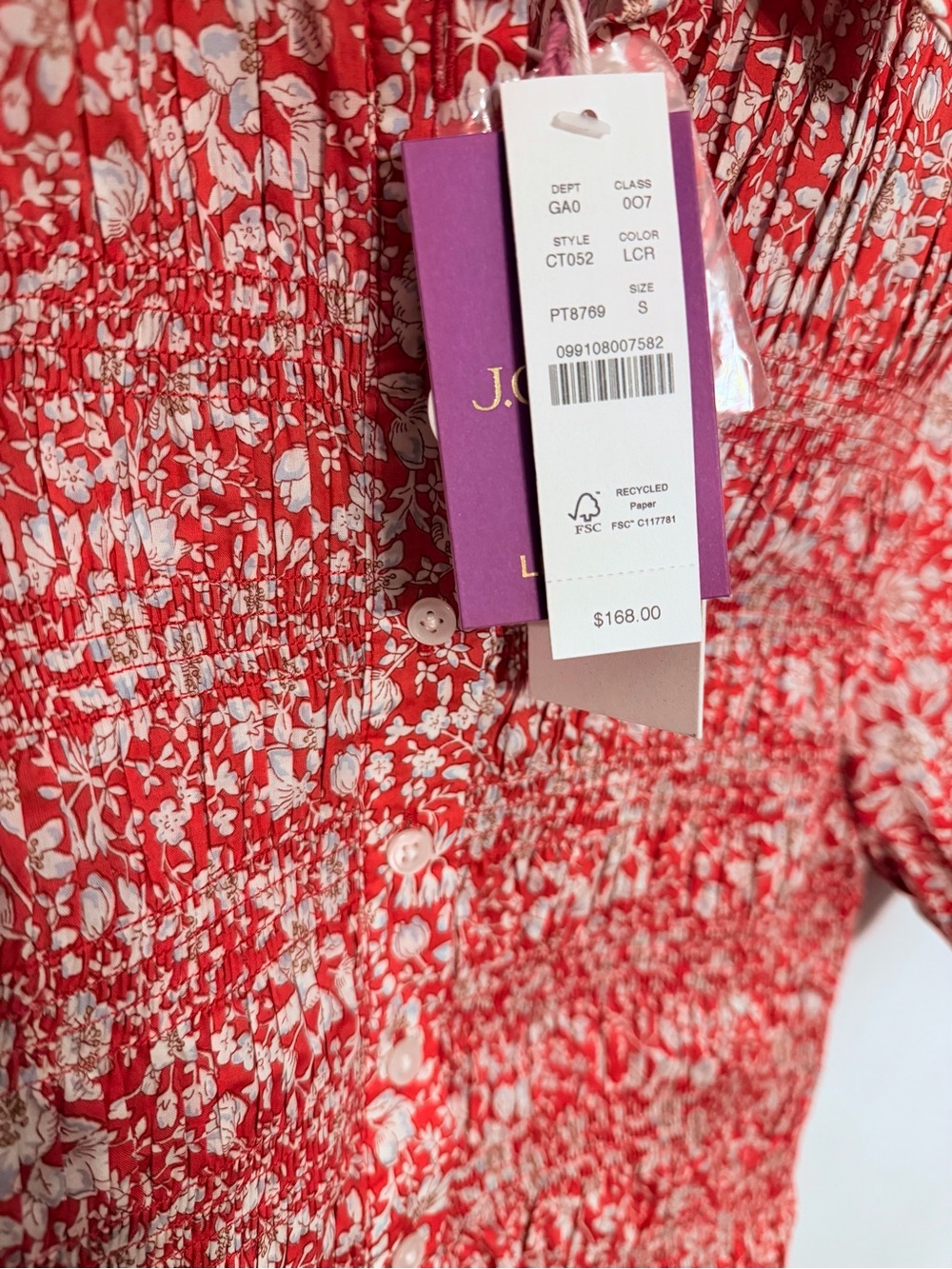 J. Crew Smocked Button-up Shirt Short Sleeve Liberty®Lizzy Red Fabric Sz M $168 - Picture 5 of 9
